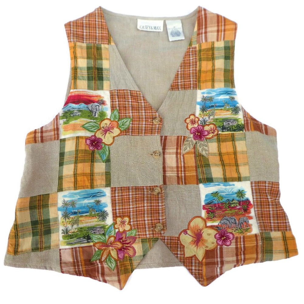 Vintage Safari Vest Animals Plaid Patchwork Wood Beads Button Up Tie Back Cotton